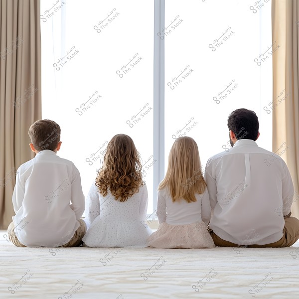 An image of a family of four sitting on the floor in front of a large bright window. The father and his three children, seen from the back, are wearing white and cream-colored clothing. The father is on the right, with two children and a girl on the left. The curtains and walls are beige and cream, adding a warm and calm atmosphere to the scene.