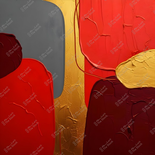 An abstract painting featuring geometric shapes in red, yellow, and gray, overlapping each other. The colors are vibrant with a visible texture in the paint, adding depth and variety to the artwork.