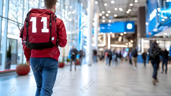 A person wearing a red jacket carrying a red backpack with the number 11 printed on it. They are walking through the hallway of a large, modern shopping mall, with several people visible in the background. The space is well-lit with ceiling lights and modern interior design.