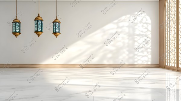 The image shows an elegant interior room with a shiny white marble floor. Three ornate copper lanterns with blue lights hang from the ceiling on the left side. The window has a traditional Arabic design, located on the right side, casting sunlight and decorative shadow patterns on the wall.