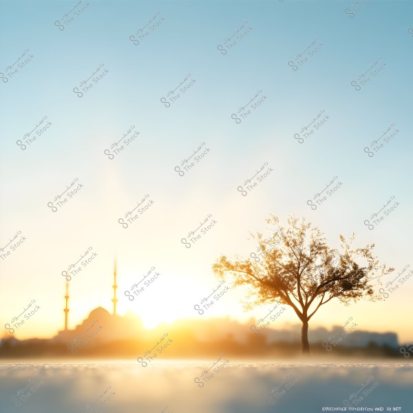 Image showing a solitary tree in the foreground with a mosque in the background, featuring two domes and tall minarets, under a clear sky during sunrise or sunset. The sun emits a warm orange glow on the horizon, creating a tranquil and peaceful atmosphere.