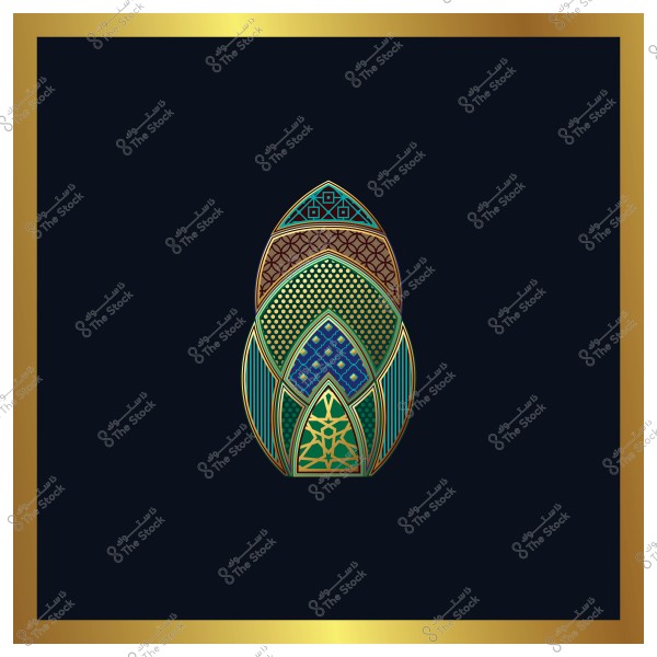 تصميم زخرفي بألوان ذهبية وزرقاء وخضراء مع تفاصيل هندسية على خلفية سوداء.