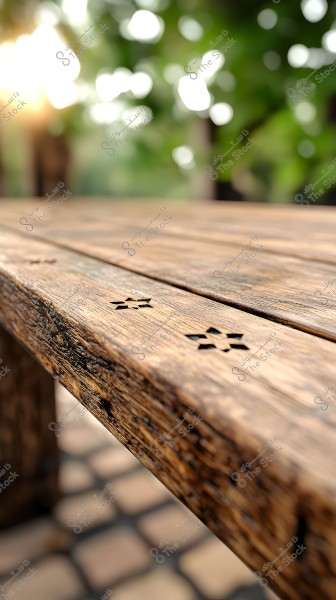 Image of a wooden table with small decorative carvings on its surface. Under the table are stone pavers, and in the background, there are green trees and bright sunlight creating a soft bokeh effect.
