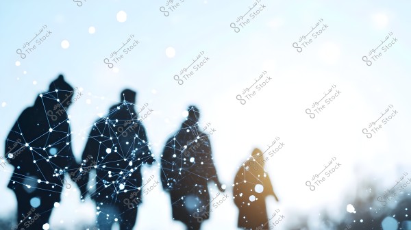 An image shows four silhouetted figures walking in a blurred background under a bright sky. Intersecting networks and connected lines overlay the image, adding a sense of technology and digital communication.