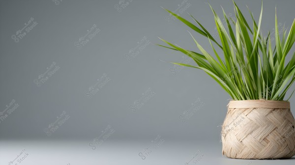 An image of a decorative round woven basket made of straw, containing a plant with long, slender green leaves growing upwards. The basket is prominently displayed on the right side of the image against a soft gray background.