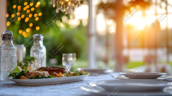 Image of an outdoor dining table set beautifully at sunset. In the foreground are crystal bottles filled with water and carefully arranged food on a white plate, surrounded by greens and herb-garnished pieces of food. In the background, there are hanging chandeliers and warm twinkling lights with the glow of sunset, providing a cozy and warm atmosphere to the scene.