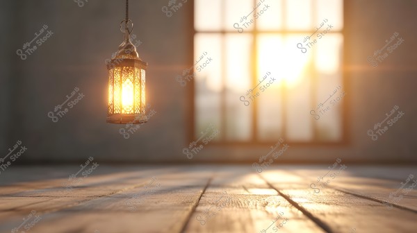 A lit metal lantern with an Arabic design hangs in a room illuminated by sunlight streaming through a large window in the background, creating a warm and serene atmosphere on the wooden floor.