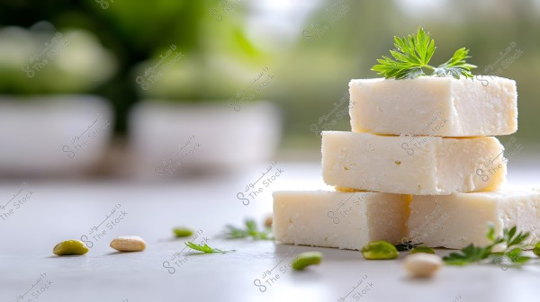 An image depicting four pieces of white cheese stacked on top of each other on a white surface. The cheese is topped with a sprig of fresh parsley. In the foreground, there are green and white seeds scattered along with parsley leaves around the cheese. The background is blurred with hints of green and plant life.