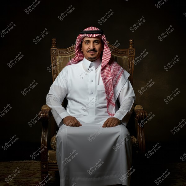 A portrait of a man sitting on an ornate chair, wearing traditional Saudi attire. The man is dressed in a white thobe with a red and white checkered ghutra and a black agal. The dark background highlights the man and his clothing details clearly.