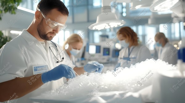 A group of scientists wearing white lab coats working in a modern laboratory setting. The closest scientist in the image is wearing protective goggles and blue gloves, concentrating on an experiment, while other lab members in the background are wearing face masks. The area is brightly lit with overhead lights.
