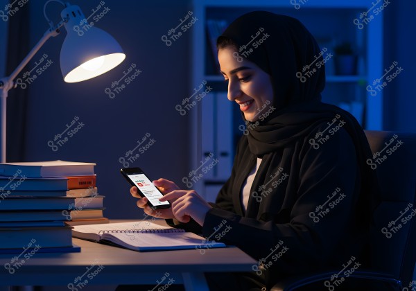 The image shows a woman sitting at a desk in a room illuminated by a lamp. She is wearing a black abaya and hijab. She is holding a mobile phone and looking at it with a smile. The desk has a stack of textbooks and an open notebook. The atmosphere is calm and warm.