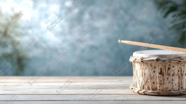 A handcrafted drum made of wood and animal skin placed on a light-colored wooden surface. Plant shadows appear in the background with a misty blue color.