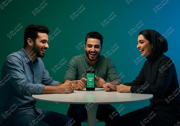 Three people are seated around a round white table, all smiling and looking at a mobile phone placed in the center of the table. The person in the middle is wearing a green shirt and holding the phone displaying an app named \"Split Bill\". The person on the left is wearing a blue shirt, and the person on the right is wearing a hijab and black clothing. The background is a gradient of green and blue.