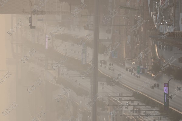 تظهر الصورة طريقًا سريعًا مزدحمًا بالسيارات تحت ضوء الشمس الساطعة, مع وجود غبار أو ضباب في الجو. يمكن رؤية إشارات ولوحات على جانبي الطريق وعدة رافعات بناء في الخلفية, ما يشير إلى منطقة حضرية مزدحمة.