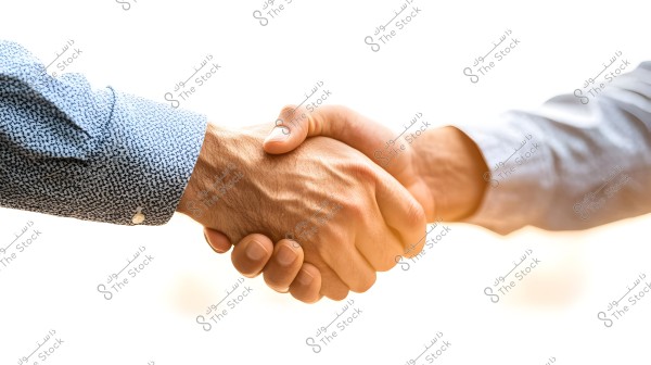 The image shows two hands shaking. The person on the left is wearing a long-sleeved shirt with a blue patterned design, while the person on the right is wearing a light-colored shirt. The background is soft and light, emphasizing the handshake.