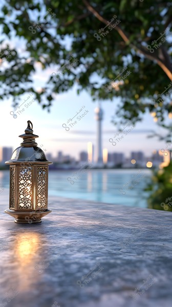 An ornate metal lantern gently illuminates a stone table, with light reflecting on the surface. In the background, a blurred cityscape with a tall tower is visible under a clear sky. Green foliage hangs from above.