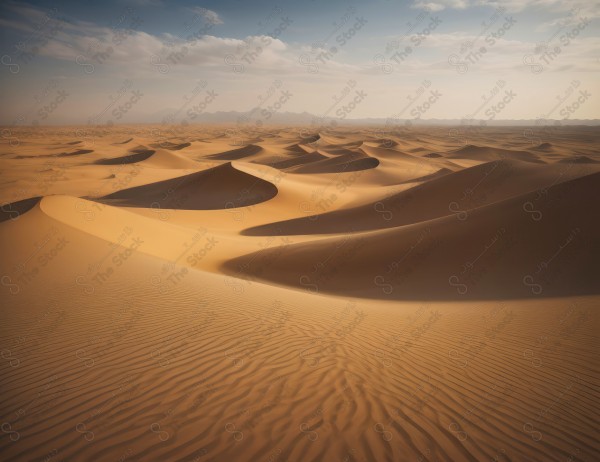 لقطة للكثبان الرملية الذهبية في الصحراء السعودية وتظهر السماء صافية  نهارًا ، الربع الخالي ، مناطق صحراوية، مصممة بواسطة الذكاء الاصطناعي