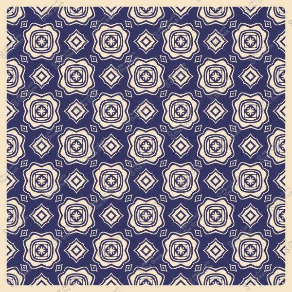 Symmetrical decorative pattern in blue and white featuring geometric shapes and flowers.