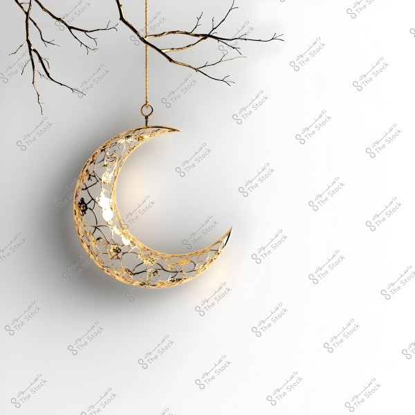 Image showing a golden crescent moon hanging from bare tree branches against a white background. The crescent has a lattice design with floral patterns inside, softly illuminated from within giving a warm glow.