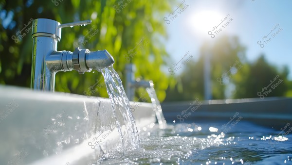 A metal faucet pouring water into a large outdoor basin. In the background, there are green trees and bright sunlight. The image captures the moment of water flow clearly, with a focus on the droplets.