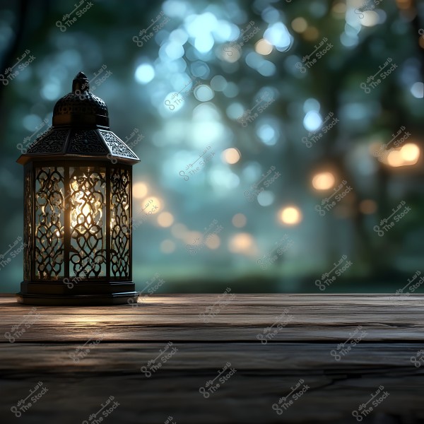 A decorative metal lantern glowing with light, placed on a wooden surface in the foreground. The background is a blurry garden scene with glowing lights among the trees in the evening, creating a calm and serene atmosphere.