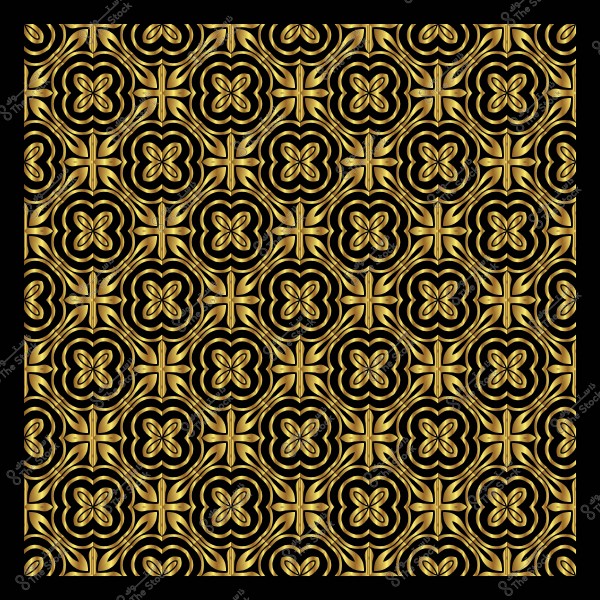 Intricate gold ornamental pattern on a black background, featuring interlocking floral and flower shapes.
