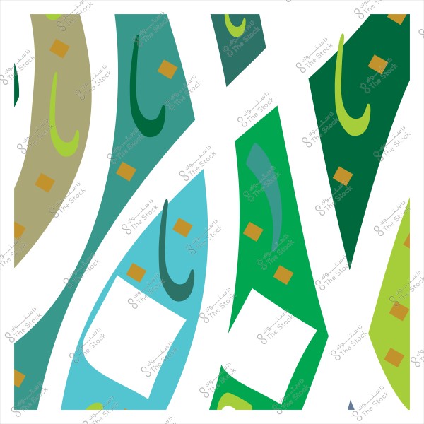 تصميم زخرفي يحتوي على أشكال هندسية بألوان مختلفة مثل الأزرق والأخضر والبيج ومربعات صغيرة باللون البرتقالي.