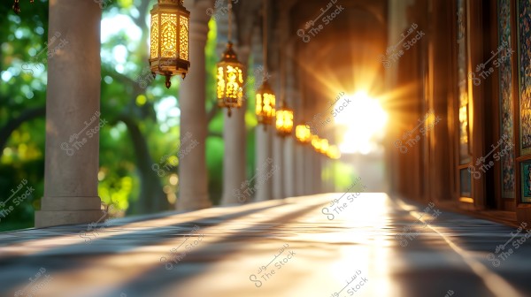 A view of a corridor lit with long poles featuring stone columns and hanging ornate lanterns that cast a warm and comforting light. In the background, strong sunlight shines through green trees, creating stunning light and shadow effects on the tiled floor of the corridor.
