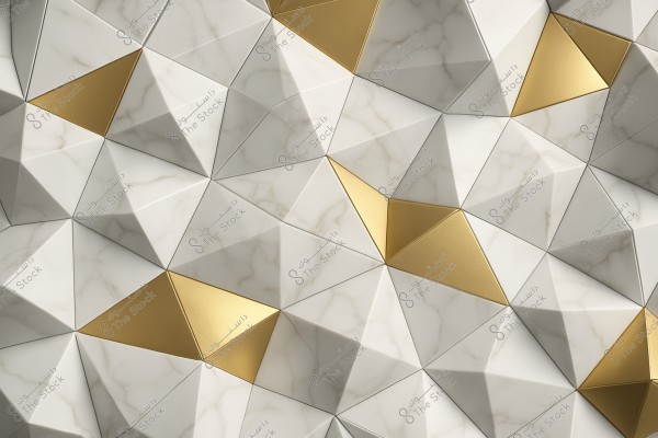 Image of a three-dimensional geometric pattern composed of raised triangles. The design features triangles in a white color with interlaced marble-like lines and gold ones, creating a complex and modern visual effect.