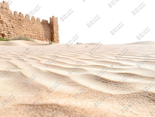An image showing an old mud brick fortress wall situated in a vast desert. Wavy sand patterns are prominent in the foreground, while the traditionally designed wall stretches into the horizon, with a clear sky above.