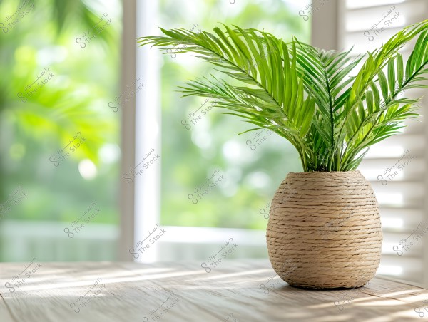 An image of a plant with bright green leaves in a pot wrapped with brown rope, placed on a wooden table next to a window. Natural light enters through the window, adding brightness and freshness to the scene. The background features blurred trees and green foliage.