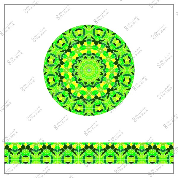تصميم دائري مزخرف بألوان خضراء وصفراء مع نمط متكرر في شريط أفقي أسفل التصميم.