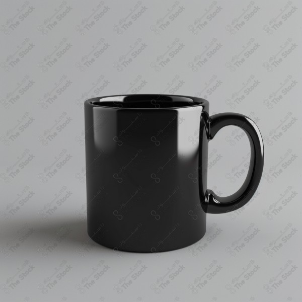 A black coffee mug sits on a gray background. The mug has a simple,  cylindrical design with a handle.