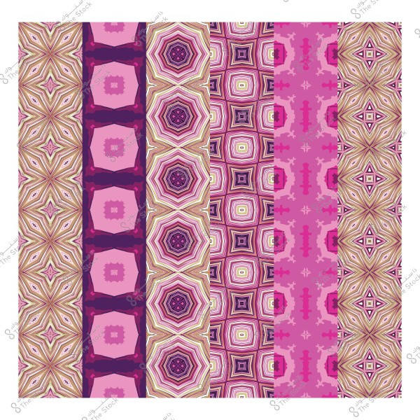 Multiple geometric patterns with pink and brown backgrounds.