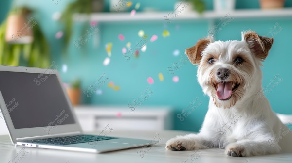 The image shows a small white dog lying next to a laptop on a desk. The background is a bright blue with shelves that have green plants in pots. Pieces of colored paper are scattered in the air, adding a lively touch to the scene.