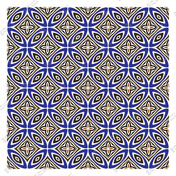 تصميم زخرفي هندسي ملون باللونين الأزرق والبني مع أنماط متكررة من الأشكال الماسية والزهور.