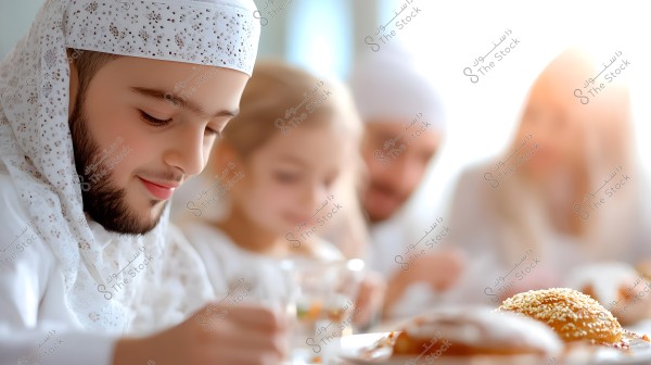 An image of a young boy wearing a white robe and a decorated white headscarf, sitting at a dining table with family. The focus is on the boy while a couple and a child appear blurred in the background. The food on the table looks appetizing and includes pastries topped with sesame seeds.