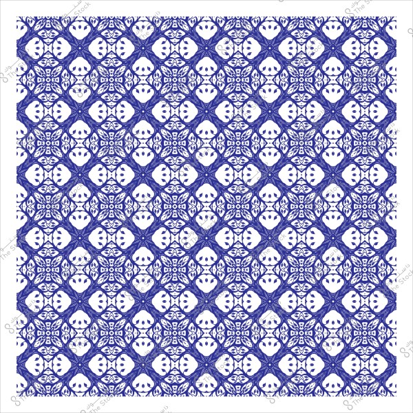 A complex blue and white pattern with a repeating geometric design.