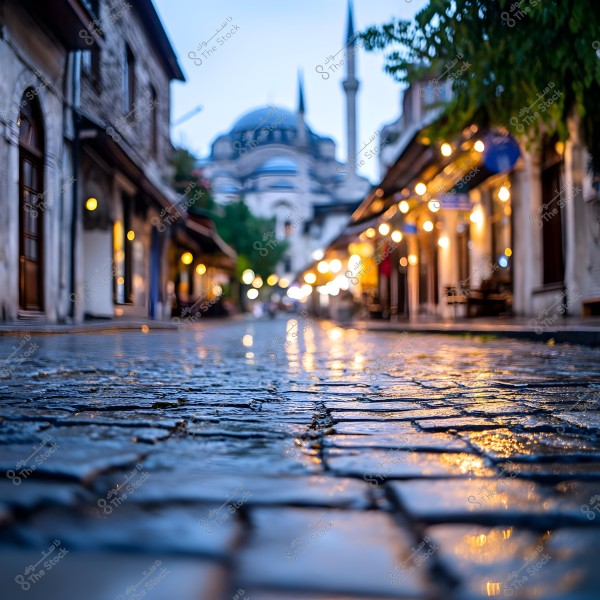 An image of a narrow cobblestone street with a wet surface reflecting evening lights. On either side, there are historic buildings interspersed with illuminated shops. In the background, a minaret and the dome of a well-known mosque are visible. The setting is tranquil, suggesting sunset or evening time.