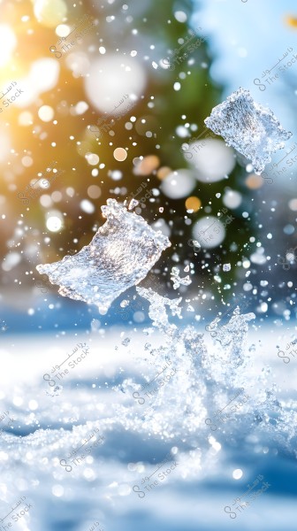 An image capturing a freeze-frame of splashing water with intricate details of the droplets, set against a blurred background. The background includes hues of yellow and white light with blue and green colors, indicating a bright sunny day.