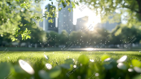 A nature scene showing a tree branch with green leaves in the foreground with a cityscape in the background under the sunlight. The green grass is in the foreground with a soft lighting effect and scattered glowing particles in the air, adding a sense of warmth and tranquility.