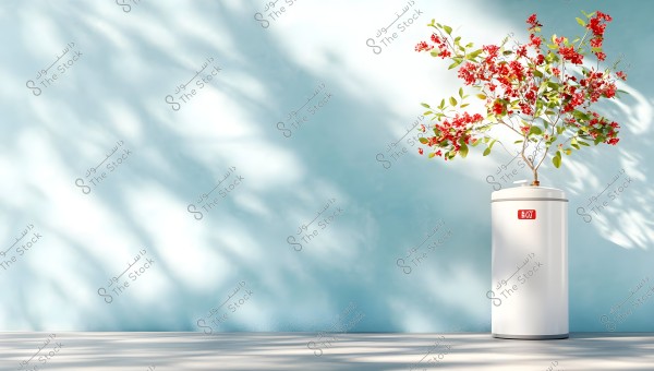 A modern white vase placed on a floor with a light blue wall background. The vase contains red flowers and green leaves arranged beautifully at the top. The shadows of the plants cast attractively on the blue wall in the background.