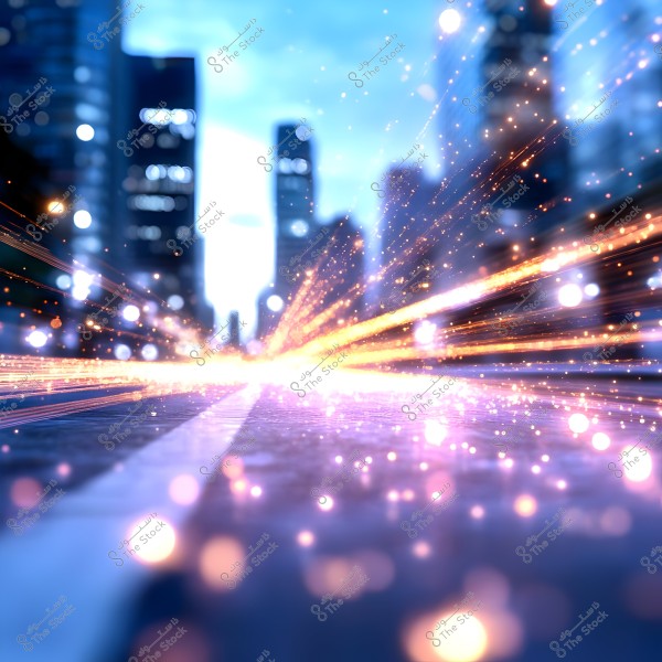 A fantasy view of a modern city at night featuring fast-moving light effects across the street. Tall buildings are visible in the background with city lights, adding an urban and surreal touch.