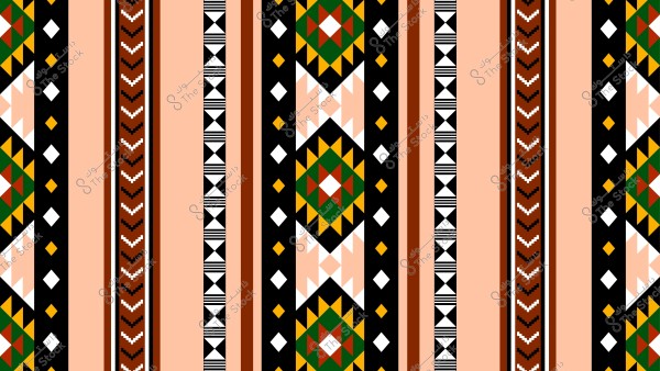 تصميم هندسي تقليدي مستوحى من الزخارف النجدية في السعودية. يتميز النمط بألوان ترابية مثل البيج والبني, مع لمسات من الألوان الأحمر والأخضر والأصفر. الأشكال مثلثية ومربعات ونقاط مرتبة بشكل متماثل تكرر نفسها عبر النسيج.