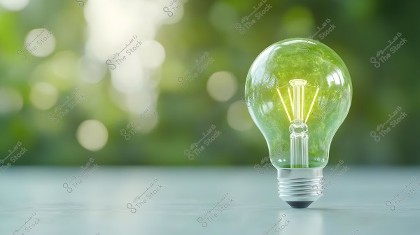 A transparent light bulb stands on a smooth surface with a blurred green background. The soft yellow light illuminates the filament inside the bulb, evoking a sense of innovation and sustainability.