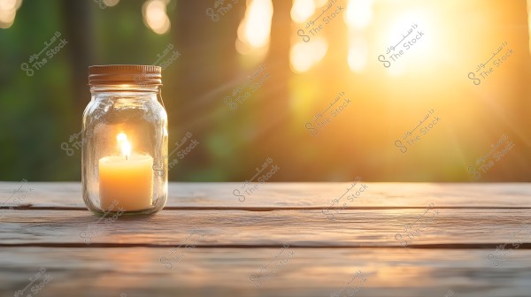 An image depicting a lit candle inside a glass jar placed on a wooden table, with a radiant golden background representing either sunrise or sunset, creating a warm and peaceful atmosphere.