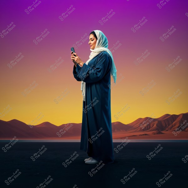 امرأة ترتدي عباءة داكنة وحجابًا أبيض, تقف في صحراء ذات جبال في الأفق عند غروب الشمس. ترتدي حذاءً رياضيًا, وتحمل هاتفًا محمولًا وتنظر إليه بابتسامة. السماء خلفها تتدرج من اللون البرتقالي إلى الأرجواني.