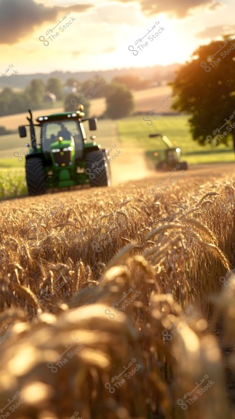 An agricultural scene depicting a field of golden wheat stalks in the foreground, with a large green tractor moving in the field in the background. Another tractor is seen further away, with dust rising from its movement. In the horizon, the setting sun casts warm rays over the landscape, which includes rolling hills and trees.