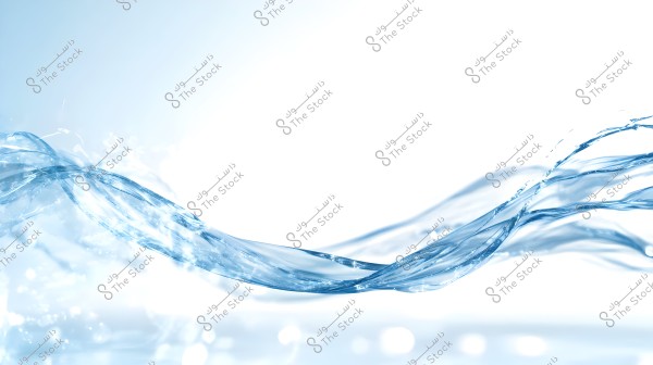 Image showing a flow of clear water against a light-colored background. The water is centrally positioned, extending in a curved and elegant manner, reflecting light and showing a shimmering effect. The background is white and bright, highlighting the color and transparency of the water.