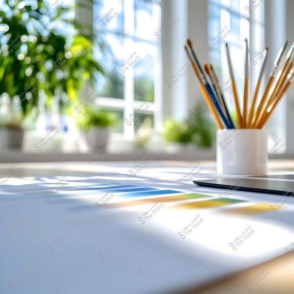 An image of a sunlit desk featuring colorful paintbrushes placed in a white holder. In the background, large windows allow light to stream in, with green plants scattered throughout the room.